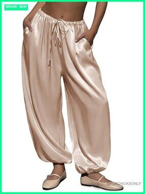 Satin Harem Pants Baggy Barrel Leg Elastic Waist Drawstring Loose Track Pants